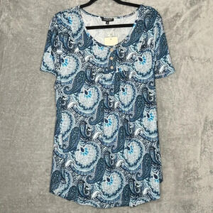 Cpokrtwso 1X Shirt Top Blue Paisley Short Sleeve Henley Scoop Neck Stretch Women